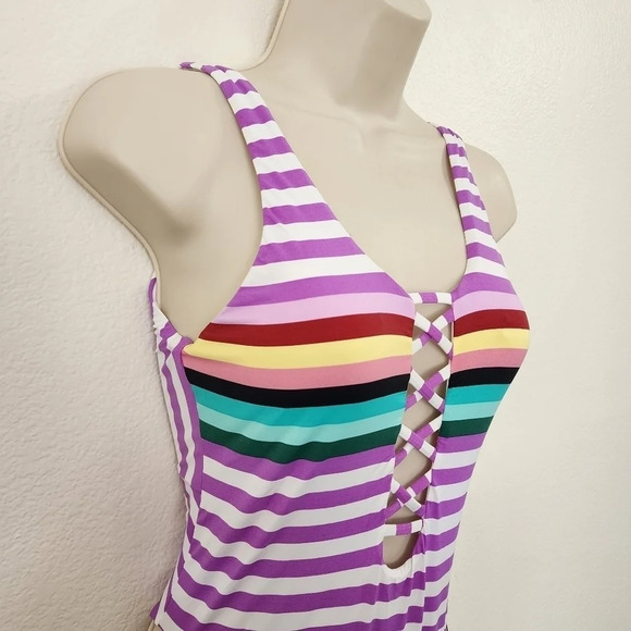 THE BIKINI LAB Purple Striped One Piece Swimsuit XS NWT - Picture 2 of 6